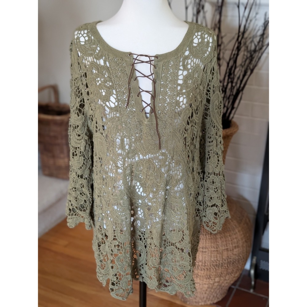Ruff Hewn Olive Green Crochet Lace Tunic Top 3X 100% Cotton Lace Up Boho...